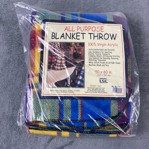 Vtg New Beacon 50x60 Blanket Throw Blue Yellow Red Plaid Virgin Acrylic USA Made